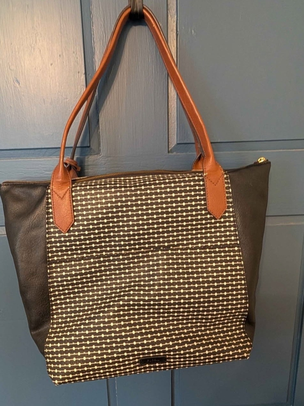 Fossil Fiona Black and Brown Patterned Tote with Tan Handles